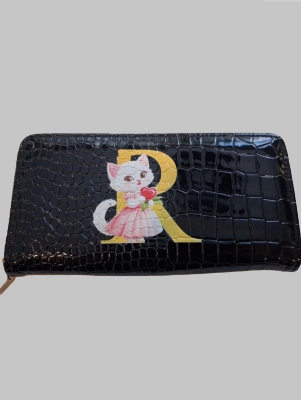 Black Faux Croc-Embossed Zip Wallet with Playful Cat Initial R